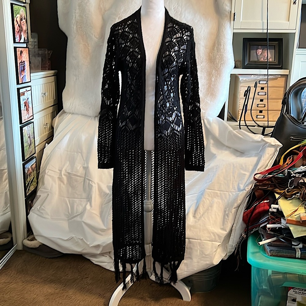 Black knit, long sweater, cardigan, duster size small